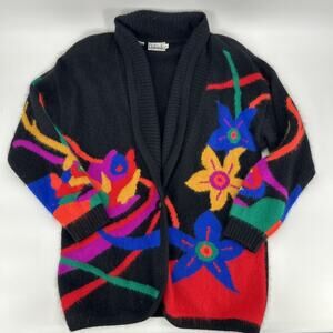 Vintage Rafaella Angora Cardigan Womens Size L Floral Graphic Black Vibrant 80s